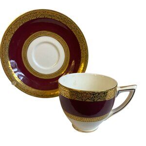 Vtg 1930s Demitasse Cup & Saucer Crown Ducal Gilt Burgundy Stripe ENGLAND Bone